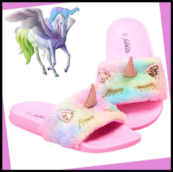 fabkids Other - New! Fabkids RAINBOW UNICORN FUR SLIDE Size 4/5